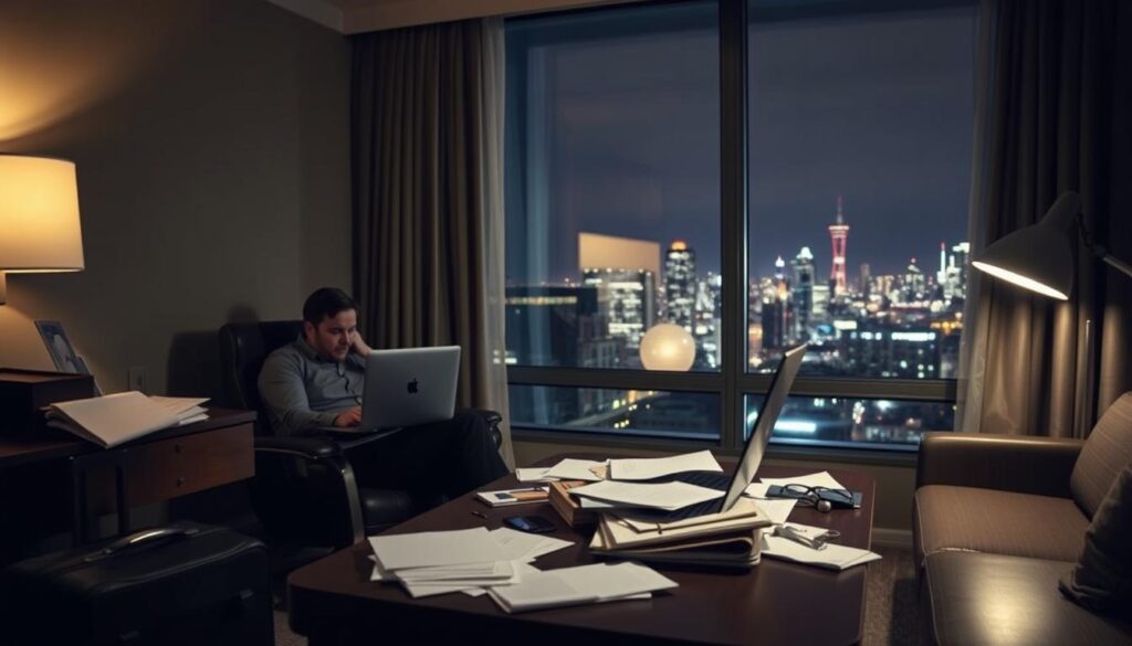 A dimly lit hotel room, with a desk in the foreground where a weary business traveler sits, laptop open and papers scattered. The middle ground shows a suitcase and a briefcase, hinting at the demands of travel. In the background, a large window looks out onto a city skyline, the lights twinkling in the distance, a reminder of the long hours and time zone changes that come with working abroad. The scene conveys a sense of fatigue and the challenges of maintaining work-life balance while on the road, reflecting the "Czas pracy, odpoczynek i regulacje w delegacjach" section of the article.
