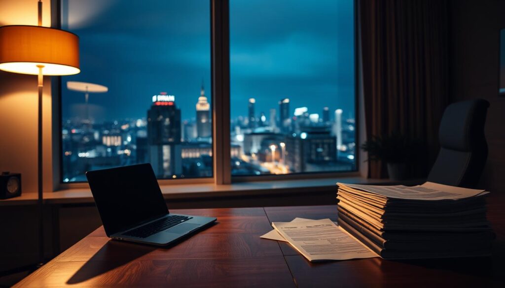 A dimly lit, modern office interior with a wooden desk, a laptop, and a stack of legal documents. The scene is bathed in a warm, soft light from a floor lamp, casting long shadows across the desk. In the background, a large window overlooks a cityscape at night, the lights of the buildings creating a serene, urban atmosphere. The overall mood is one of professionalism and thoughtful contemplation, reflecting the legal regulations and considerations surrounding night shift work. A dimly lit, modern office interior with a wooden desk, a laptop, and a stack of legal documents. The scene is bathed in a warm, soft light from a floor lamp, casting long shadows across the desk. In the background, a large window overlooks a cityscape at night, the lights of the buildings creating a serene, urban atmosphere. The overall mood is one of professionalism and thoughtful contemplation, reflecting the legal regulations and considerations surrounding night shift work.
