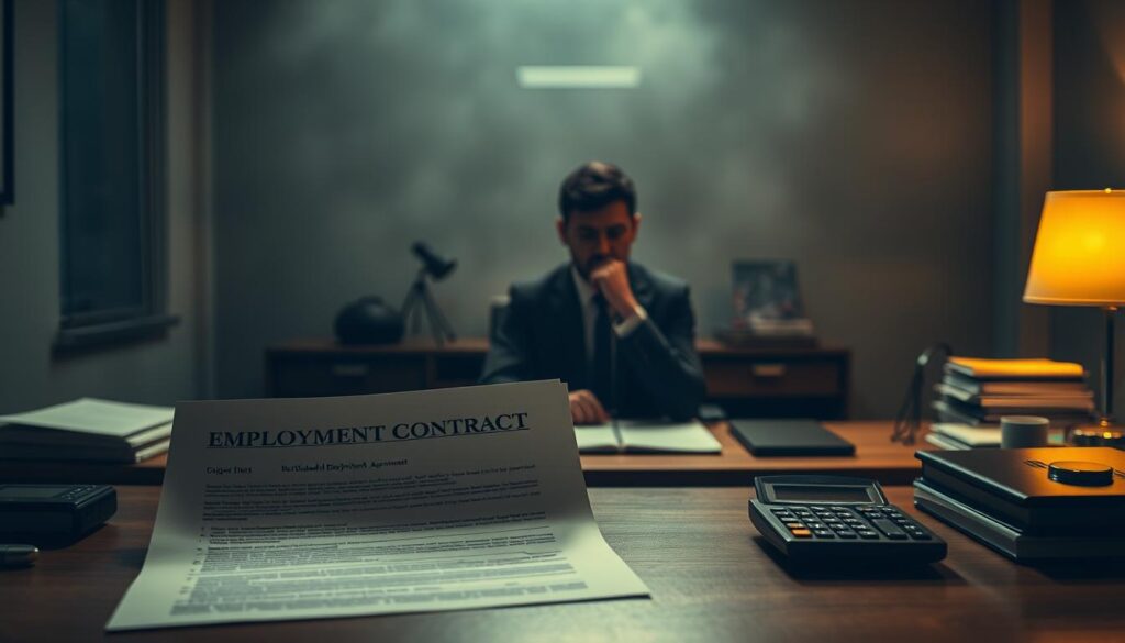 A dimly lit office at night, with a desk in the foreground displaying an employment contract and a calculator. In the middle ground, a worker in a suit sits at the desk, deep in thought, contemplating the differences between a standard employment contract and a freelance work agreement. The background is hazy, suggesting the late hour and the complexities of navigating labor laws. The scene is illuminated by a warm, golden glow, creating an atmosphere of contemplation and uncertainty. The overall composition emphasizes the contrast between the formal elements of the office setting and the ambiguity of the freelance work arrangement. A dimly lit office at night, with a desk in the foreground displaying an employment contract and a calculator. In the middle ground, a worker in a suit sits at the desk, deep in thought, contemplating the differences between a standard employment contract and a freelance work agreement. The background is hazy, suggesting the late hour and the complexities of navigating labor laws. The scene is illuminated by a warm, golden glow, creating an atmosphere of contemplation and uncertainty. The overall composition emphasizes the contrast between the formal elements of the office setting and the ambiguity of the freelance work arrangement.