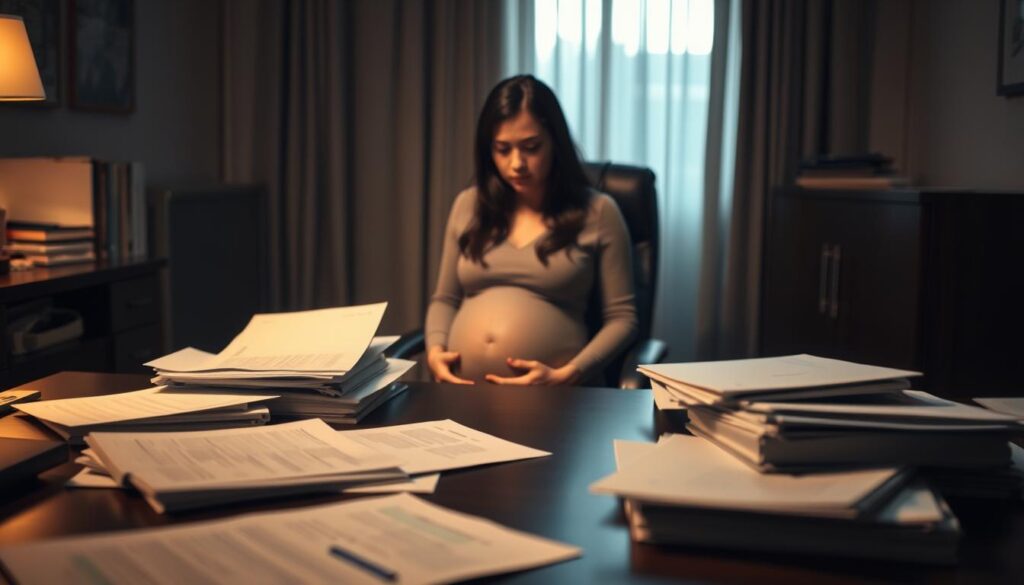 A dimly lit office interior, with a desk and chair in the foreground. On the desk, various legal documents and files are scattered, hinting at the complex cases being handled. In the middle ground, a pregnant woman sits pensively, her expression conveying the emotional weight of navigating the special circumstances surrounding maternity leave and benefits. The background is softly blurred, suggesting the isolated nature of this situation. Warm, directional lighting casts subtle shadows, creating a sense of contemplation and introspection. The overall mood is one of seriousness and concern, mirroring the subject matter of special cases and legal protections surrounding maternity leave.