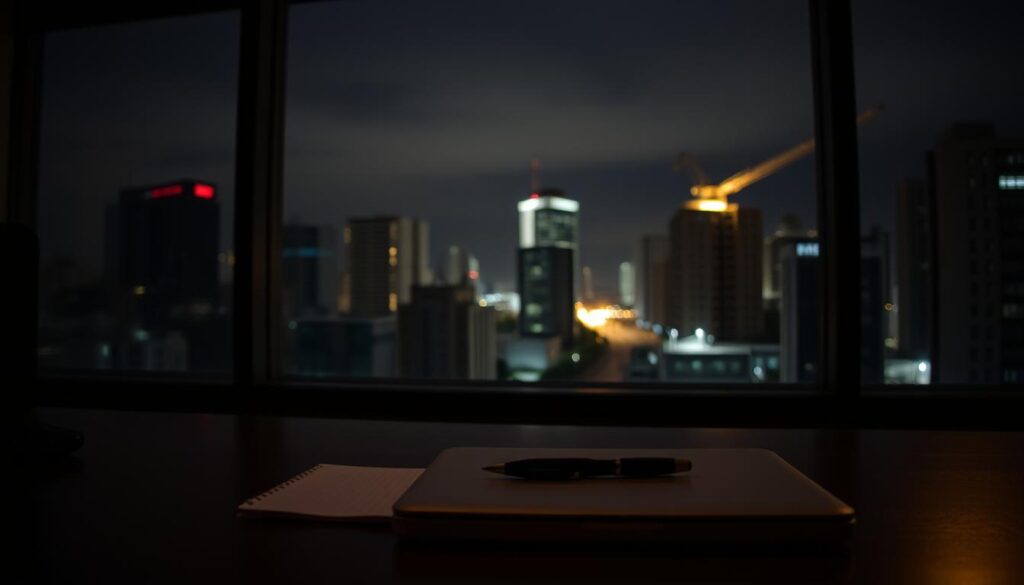 A dimly lit office space, with a laptop, notepad, and pen on a desk in the foreground. The desk is positioned in front of a large window, revealing a nighttime urban landscape in the background. Soft, warm lighting illuminates the scene, creating a contemplative atmosphere. The camera angle is slightly elevated, giving a sense of depth and perspective. The overall mood is one of quiet productivity and focus, capturing the essence of working late into the night under a night shift contract. A dimly lit office space, with a laptop, notepad, and pen on a desk in the foreground. The desk is positioned in front of a large window, revealing a nighttime urban landscape in the background. Soft, warm lighting illuminates the scene, creating a contemplative atmosphere. The camera angle is slightly elevated, giving a sense of depth and perspective. The overall mood is one of quiet productivity and focus, capturing the essence of working late into the night under a night shift contract.