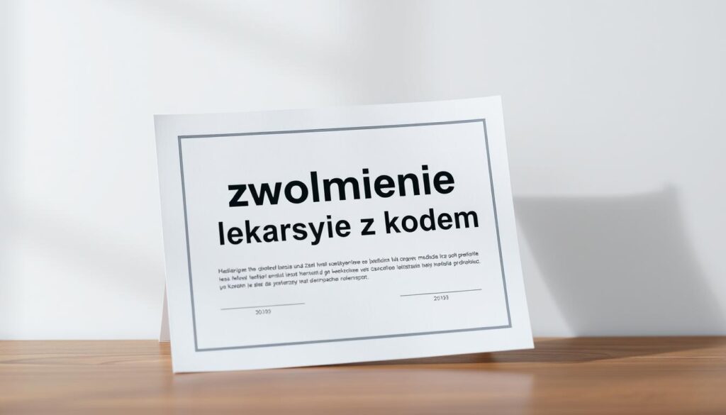 A medical certificate with the Polish text "zwolnienie lekarskie z kodem" (medical leave certificate with a code) prominently displayed, set against a minimalist background. The certificate is shown in a slightly tilted position, with a subtle drop shadow to create depth. The lighting is soft and evenly distributed, highlighting the details of the document. The overall composition conveys a sense of professionalism and legality, reflecting the medical context. The image should effectively communicate the key concept of a medical leave certificate and its implications, as described in the article section title.