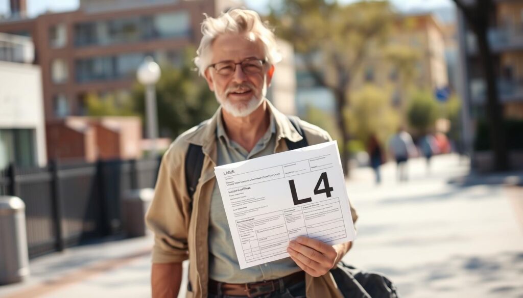 A middle-aged person in casual attire, casually walking outdoors on a sunny day, with a medical certificate or "L4" document in hand, signifying a doctor's note for sick leave. The background features a blurred urban or suburban setting, with buildings, trees, and a sense of everyday activity. The figure appears relaxed and engaged in light, everyday tasks, conveying the idea that certain physical activities can be permitted during a medical leave. The lighting is natural and warm, creating a positive, reassuring atmosphere. The composition emphasizes the person's motion and the integration of the "L4" document into the everyday scene, suggesting the nuances and complexities of navigating work-related sick leave.