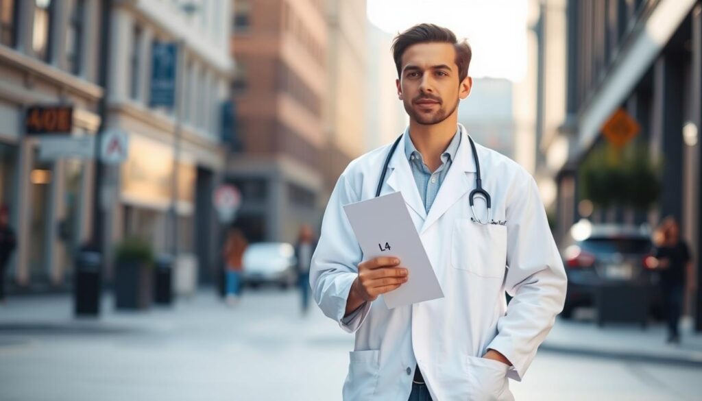 A person in a white medical coat, holding a medical document labeled "L4", striding confidently on a city street. The surroundings are blurred, with a sense of movement, suggesting the person is actively going about their day. Soft, natural lighting bathes the scene, creating a sense of ease and well-being. The individual's expression is calm and focused, conveying the idea that they are permitted to engage in normal activities while on this particular medical leave. The prompt aims to capture the concept of a "walking sick note" in a visually engaging and relatable manner.