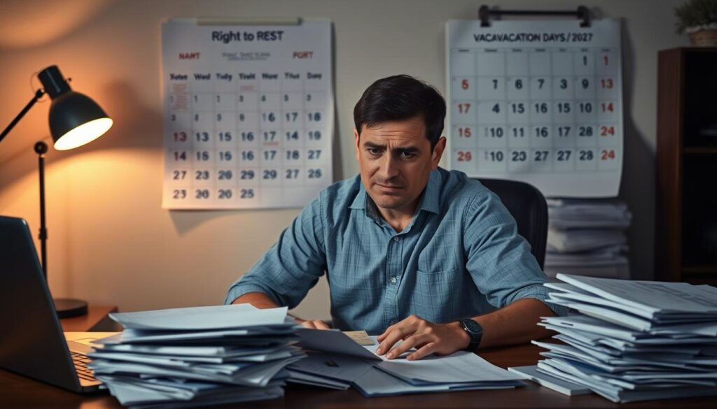 A person sitting at a desk, looking tired and frustrated, surrounded by piles of paperwork and a laptop. In the background, a calendar on the wall shows the number of vacation days remaining, creating a visual representation of the impact of incapacity for work on the right to rest. The lighting is subdued, with a warm glow from a desk lamp, suggesting the late hours spent dealing with bureaucratic processes. The composition focuses on the person's facial expression and body language, conveying the emotional toll of navigating the system. The overall atmosphere is one of stress and concern, reflecting the challenges faced in maintaining one's entitlement to vacation time during periods of illness or disability.