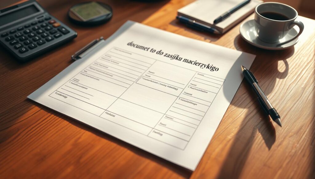 A professional and official-looking document on a wooden desk, illuminated by warm, natural lighting. The document is in Polish, with the title "dokumenty do zasiłku macierzyńskiego" prominently displayed. The layout is clean and organized, with various fields and sections clearly visible, suggesting the necessary information required for a maternity benefit application. The desk also features a pen, calculator, and perhaps a cup of coffee, creating a productive and administrative atmosphere. The overall scene conveys a sense of importance and attention to detail in the process of applying for this type of financial assistance.