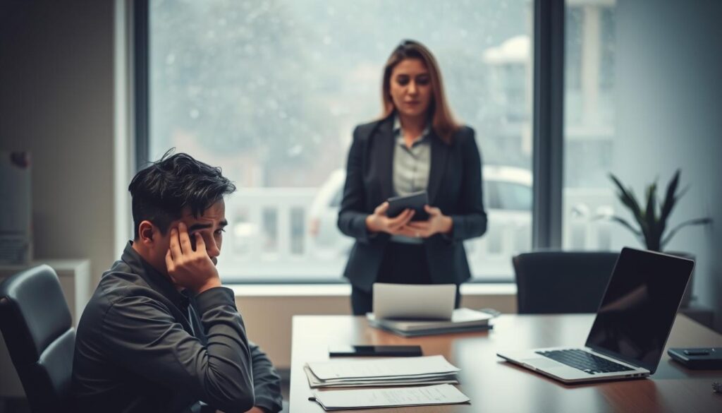 A professional office setting with a worried-looking worker sitting at a desk, surrounded by paperwork and a laptop. The lighting is soft and muted, creating a somber, contemplative atmosphere. In the middle ground, a HR manager stands with an apologetic expression, gesturing towards the worker. In the background, a blurred window provides a glimpse of a rainy, gloomy day outside, mirroring the worker's emotional state. The composition emphasizes the worker's sense of uncertainty and the challenges they face after being denied rehabilitation benefits.