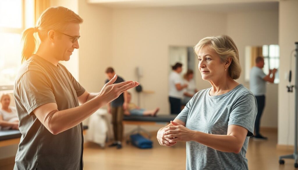 A professional rehabilitation therapist guiding a patient through practical exercises in a well-equipped rehabilitation clinic. Warm natural lighting illuminates the scene, creating a calming and focused atmosphere. The therapist demonstrates proper form and technique, while the patient follows along attentively. In the background, glimpses of other patients engaged in their own rehabilitation activities can be seen. The overall composition conveys a sense of progress, empowerment, and the practical steps involved in the rehabilitation process.
