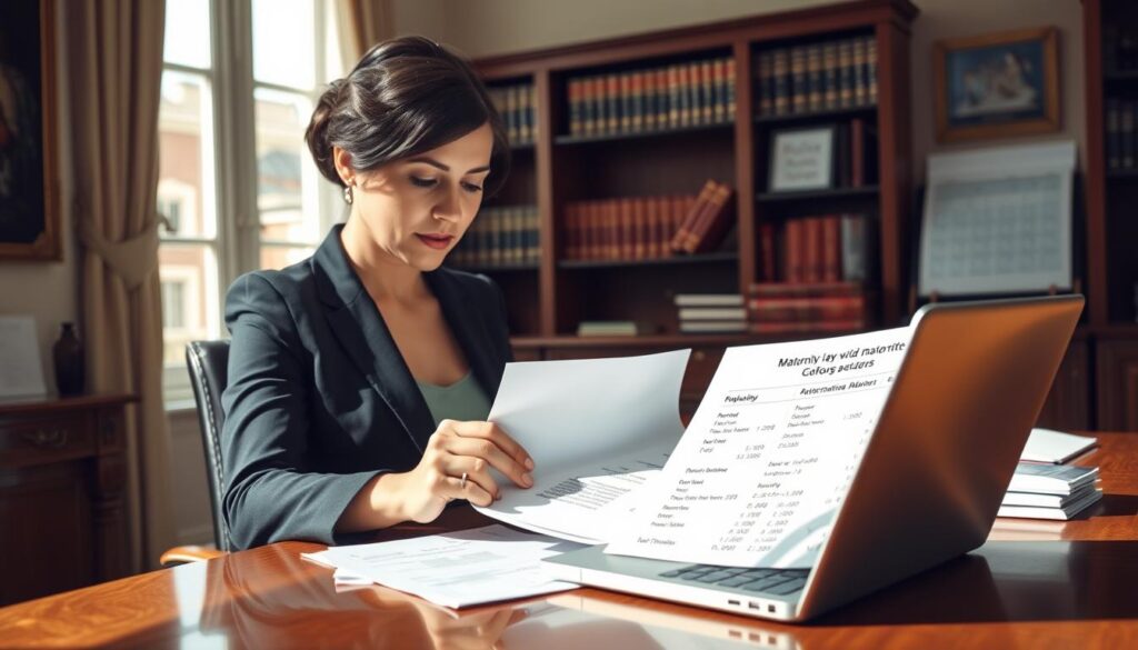 A serene office interior with an elegant desk and a laptop displaying financial calculations. In the foreground, a woman in formal attire carefully reviews documents related to maternity leave and benefits calculations. The lighting is warm and natural, casting a contemplative mood. In the background, shelves of reference books and a calendar hint at the administrative tasks involved. The overall scene conveys the thoughtful process of determining the appropriate maternity allowance based on employment history and regulations.
