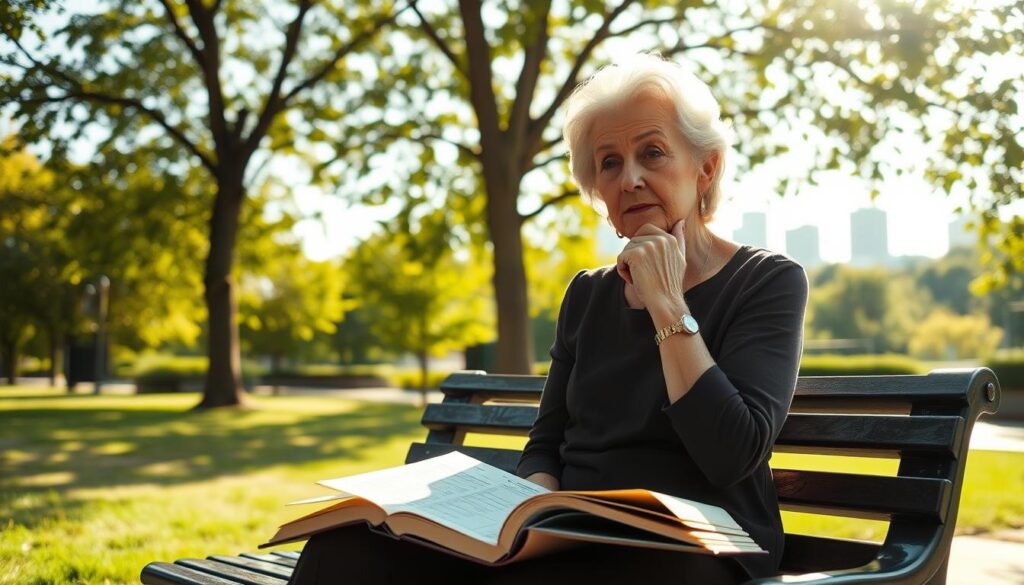 A serene, sun-dappled scene of a mature, thoughtful-looking woman sitting on a park bench, contemplating her retirement plans. In the foreground, an open book or document about pension calculations rests on her lap, while the background features a tranquil urban landscape with leafy trees and a hint of a city skyline in the distance. The lighting is soft and warm, conveying a pensive, introspective mood as she considers the impact of her maternal leave on her future retirement benefits.