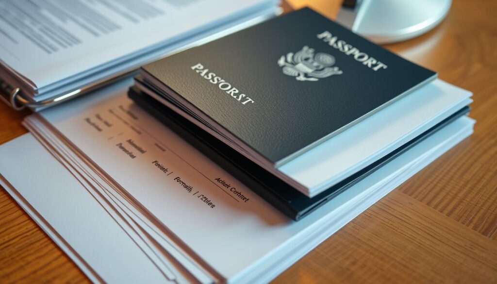 A stack of official-looking documents, including passports, work contracts, and travel itineraries, neatly arranged on a wooden desk. The documents have a crisp, clean appearance, suggesting a sense of organization and attention to detail. Warm, indirect lighting casts subtle shadows, creating a professional, business-like atmosphere. The overall composition conveys the importance and formality of the "Dokumentacja i formalności przy delegowaniu pracowników" section of the article.