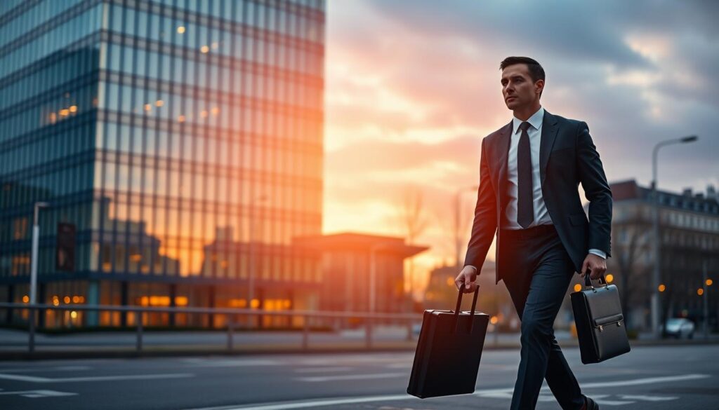 A tranquil European cityscape with a modern office building in the background, its sleek glass facade reflecting the evening sky. In the foreground, a businessman in a tailored suit strides purposefully, his briefcase in hand, conveying a sense of international business. The lighting is warm and soft, creating a sophisticated, professional atmosphere. The scene is captured from a slightly elevated angle, giving a sense of authority and importance to the subject matter. The overall mood is one of efficiency, diligence, and the global nature of contemporary corporate culture.