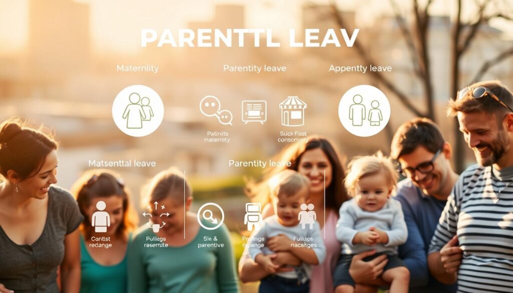 A vibrant and informative visual representation of the various types of parental leave in Poland. In the foreground, a diverse group of parents with young children, conveying the inclusive nature of these benefits. In the middle ground, a series of icons and infographic elements illustrating the different forms of parental leave, such as maternity, paternity, and parental leave. The background features a subtle, blurred cityscape, hinting at the societal context in which these policies operate. The scene is bathed in warm, natural lighting, creating a sense of comfort and care. The overall composition and color palette aim to convey the important role of parental leave in supporting families and work-life balance.