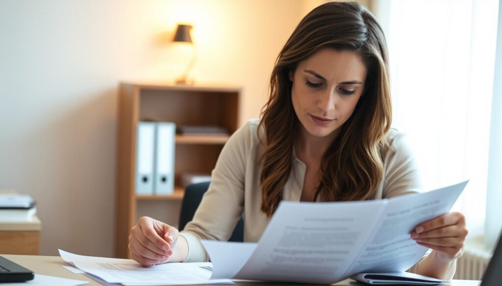 A woman sitting at a desk, carefully reviewing documents related to maternity leave benefits. The scene is well-lit, with warm, natural lighting coming in through a nearby window. The woman's expression is one of focused concentration, as she meticulously examines the paperwork, ensuring she understands the requirements and eligibility criteria for receiving the maternity allowance. The background features a neutral, office-like setting, with a bookshelf or filing cabinet visible, conveying a sense of professionalism and attention to detail. The overall mood is one of quiet contemplation, as the woman navigates the complexities of the maternity leave policy.