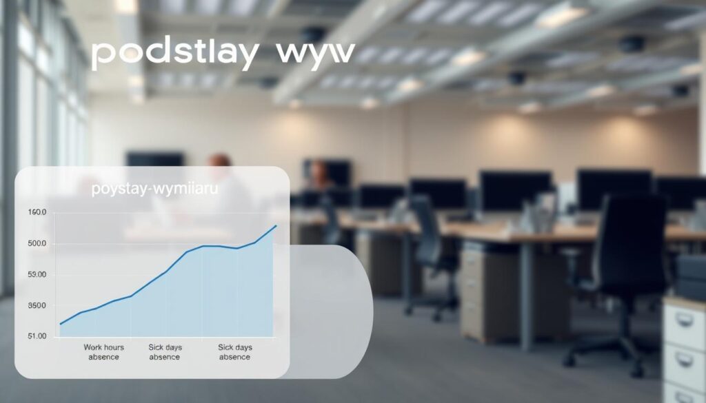 A detailed illustration of the "podstawy wymiaru" concept, showcasing payroll deductions and calculations. A modern, minimalist design with clean lines and a muted color palette of grays, blues, and soft whites. In the foreground, a stylized graph or chart depicting the key factors that determine the "podstawy wymiaru", such as working hours, sick days, and other absences. The middle ground features simple icons and infographic elements visualizing the payroll process. In the background, a blurred office environment with desks, computers, and filing cabinets, suggesting the practical application of this concept in a professional setting. Subtle lighting from overhead sources casts gentle shadows, creating depth and a sense of depth of field. The overall mood is one of clarity, organization, and a focus on the financial details that shape employee compensation.