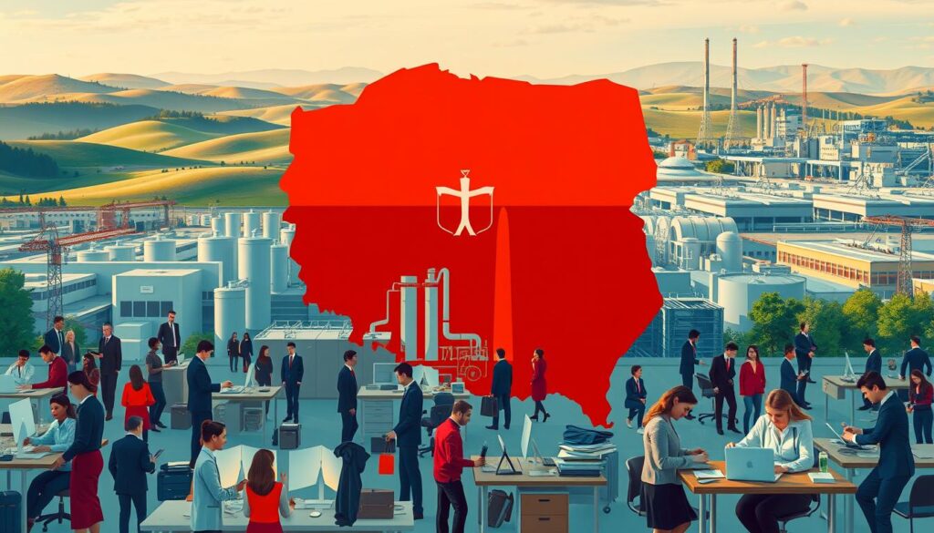 A vibrant portrait of Poland's employment structure, showcasing its diverse workforce and evolving labor landscape. In the foreground, a bustling office scene depicts professionals of various backgrounds engaged in their daily tasks, representing the country's dynamic service sector. The middle ground features factories and industrial facilities, symbolizing the manufacturing core of the Polish economy. In the background, rolling hills and modern infrastructure allude to the nation's rural-urban balance and technological advancements. Warm lighting casts a sense of productivity and progress, while subtle hues of blue and green convey a tone of stability and growth. The overall composition aims to encapsulate the nuanced, multifaceted nature of employment in contemporary Poland. A vibrant portrait of Poland's employment structure, showcasing its diverse workforce and evolving labor landscape. In the foreground, a bustling office scene depicts professionals of various backgrounds engaged in their daily tasks, representing the country's dynamic service sector. The middle ground features factories and industrial facilities, symbolizing the manufacturing core of the Polish economy. In the background, rolling hills and modern infrastructure allude to the nation's rural-urban balance and technological advancements. Warm lighting casts a sense of productivity and progress, while subtle hues of blue and green convey a tone of stability and growth. The overall composition aims to encapsulate the nuanced, multifaceted nature of employment in contemporary Poland.