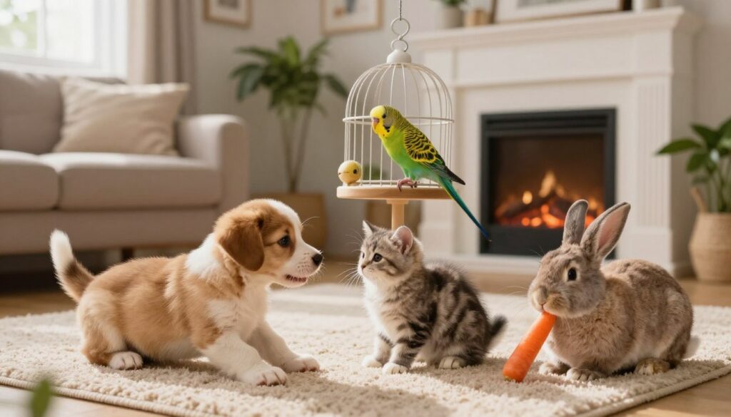 A cozy living room filled with a variety of domestic animals including a playful puppy, a fluffy kitten, a cheerful parakeet, and a gentle rabbit. In the foreground, the puppy and kitten are engaged in a playful interaction on a soft rug, while the rabbit sits calmly nearby, munching on a carrot. In the middle, a colorful parakeet perches on a decorative birdcage, adding vibrancy to the scene. The background features a warm, inviting fireplace and houseplants, enhancing the homely atmosphere. Soft, natural light filters through a window, casting a gentle glow across the room. The mood is joyful and comforting, perfect for illustrating the charm and companionship of pets. A cozy living room filled with a variety of domestic animals including a playful puppy, a fluffy kitten, a cheerful parakeet, and a gentle rabbit. In the foreground, the puppy and kitten are engaged in a playful interaction on a soft rug, while the rabbit sits calmly nearby, munching on a carrot. In the middle, a colorful parakeet perches on a decorative birdcage, adding vibrancy to the scene. The background features a warm, inviting fireplace and houseplants, enhancing the homely atmosphere. Soft, natural light filters through a window, casting a gentle glow across the room. The mood is joyful and comforting, perfect for illustrating the charm and companionship of pets.