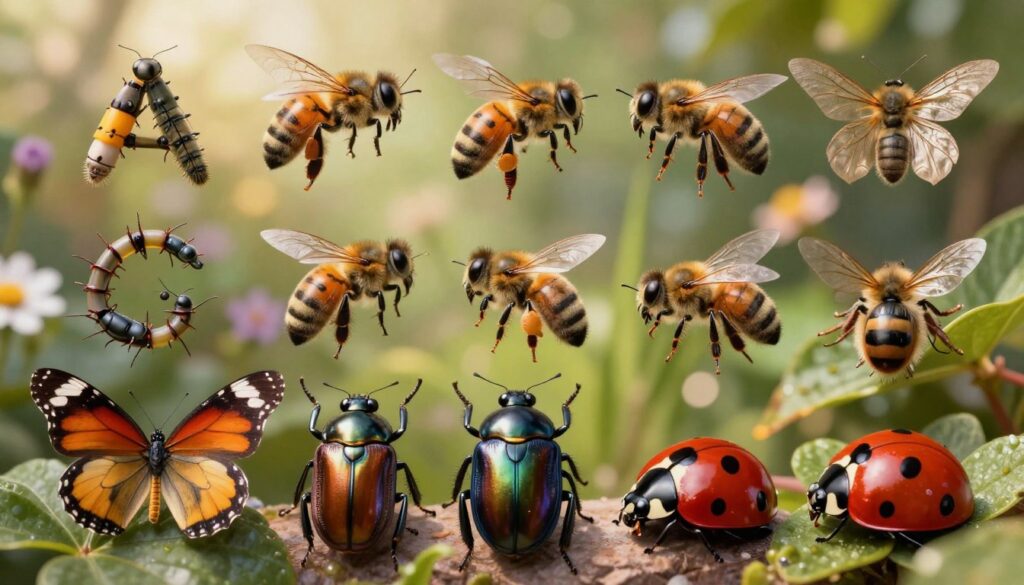 A vibrant and detailed composition showcasing a variety of insects arranged alphabetically. In the foreground, include a colorful butterfly, a shiny beetle, and a delicate ladybug, each positioned prominently to highlight their unique features. In the middle ground, depict an array of common beneficial insects, such as bees and ladybird larvae, contrasted with less desirable ones like aphids. The background should feature a lush garden scene, softly blurred to emphasize the insects, with dappled sunlight filtering through leaves, creating a warm and inviting atmosphere. Use a macro lens angle to capture the intricate details of the insects’ bodies and wings, while maintaining a balanced and harmonious composition that reflects both the helpful and troublesome aspects of these fascinating creatures. A vibrant and detailed composition showcasing a variety of insects arranged alphabetically. In the foreground, include a colorful butterfly, a shiny beetle, and a delicate ladybug, each positioned prominently to highlight their unique features. In the middle ground, depict an array of common beneficial insects, such as bees and ladybird larvae, contrasted with less desirable ones like aphids. The background should feature a lush garden scene, softly blurred to emphasize the insects, with dappled sunlight filtering through leaves, creating a warm and inviting atmosphere. Use a macro lens angle to capture the intricate details of the insects’ bodies and wings, while maintaining a balanced and harmonious composition that reflects both the helpful and troublesome aspects of these fascinating creatures.