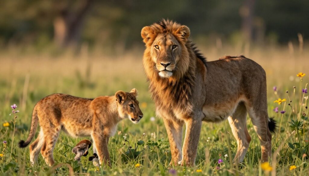 A vibrant scene depicting a male and female animal with their young, showcasing their natural habitat. In the foreground, the male animal displays its impressive features, such as a regal mane or vibrant plumage, staring confidently. Beside it, the female animal is nurturing a playful young, highlighting its innocent, curious demeanor. The middle ground shows lush grass and wildflowers, adding color and life to the environment. In the background, a softly blurred forest provides depth, allowing the viewer to feel immersed in nature. The lighting is warm and golden, suggesting a late afternoon sun, casting gentle shadows and creating a serene atmosphere. The overall mood is one of harmony and family, capturing the essence of wildlife nurturing and the bond between species. A vibrant scene depicting a male and female animal with their young, showcasing their natural habitat. In the foreground, the male animal displays its impressive features, such as a regal mane or vibrant plumage, staring confidently. Beside it, the female animal is nurturing a playful young, highlighting its innocent, curious demeanor. The middle ground shows lush grass and wildflowers, adding color and life to the environment. In the background, a softly blurred forest provides depth, allowing the viewer to feel immersed in nature. The lighting is warm and golden, suggesting a late afternoon sun, casting gentle shadows and creating a serene atmosphere. The overall mood is one of harmony and family, capturing the essence of wildlife nurturing and the bond between species.