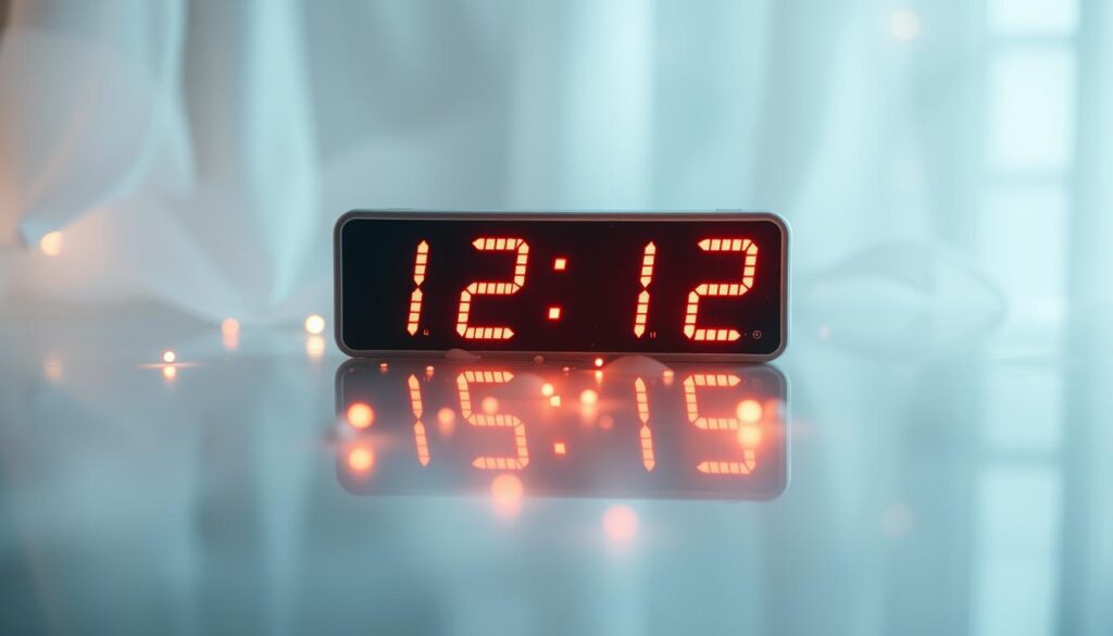 Cyfrowy zegar pokazujący lustrzaną godzinę 12:12 z odbiciem w lustrze