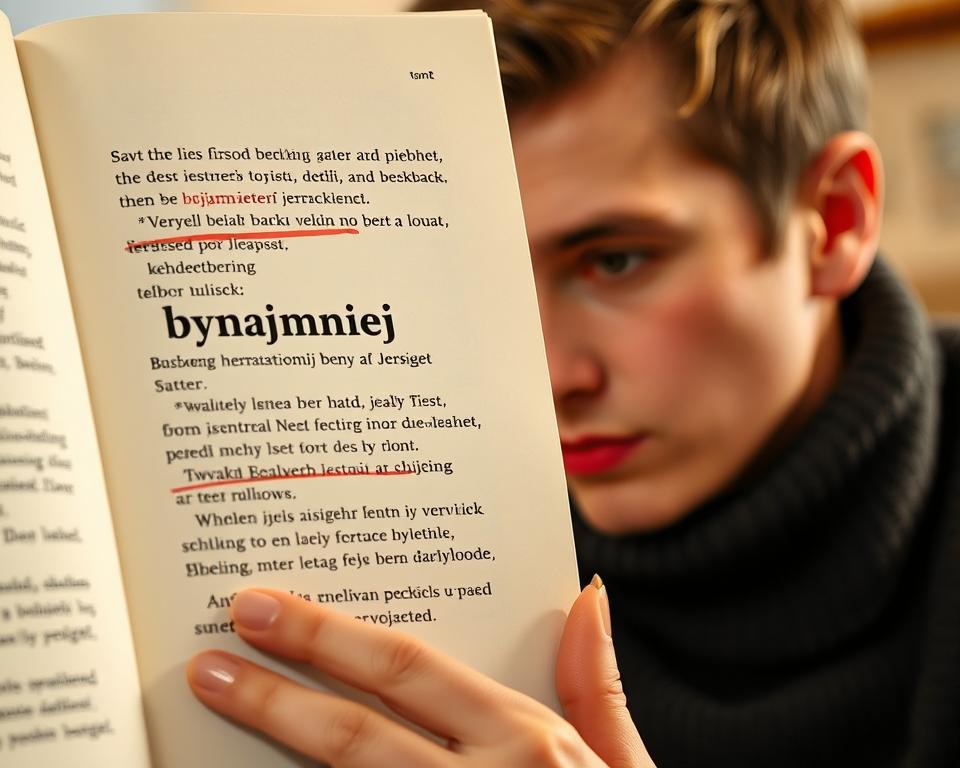 Osoba poprawiająca błędy w użyciu słowa bynajmniej w tekście