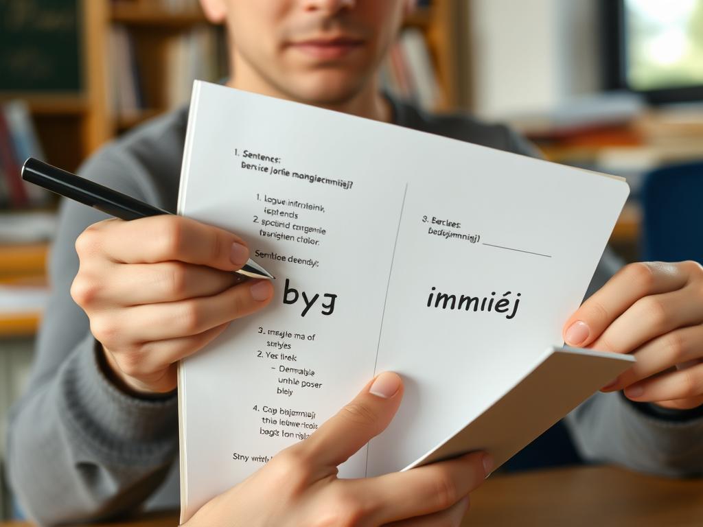 Osoba wykonująca ćwiczenia językowe z użyciem słowa bynajmniej
