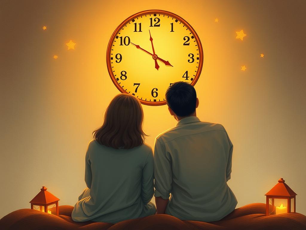 Para siedząca razem, patrząca na zegar pokazujący 12:12