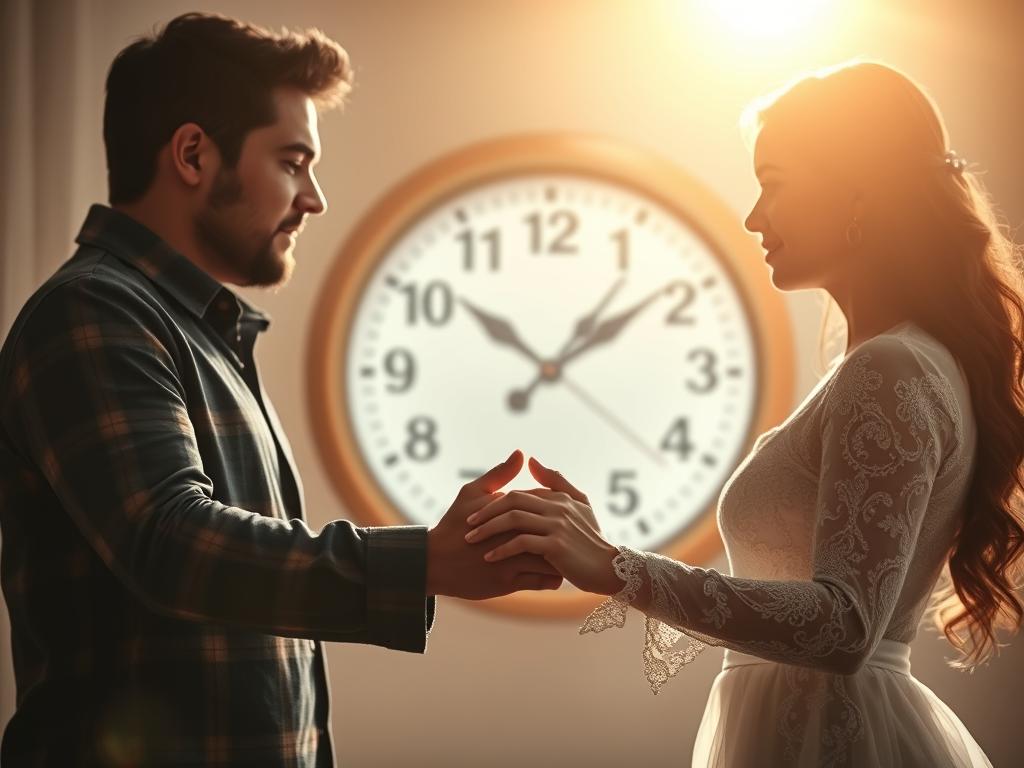 Para trzymająca się za ręce z zegarem pokazującym 12:12 w tle