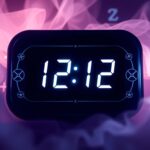 Zegar pokazujący godzinę 12:12 otoczony symbolami numerologicznymi