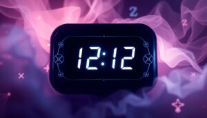 Zegar pokazujący godzinę 12:12 otoczony symbolami numerologicznymi