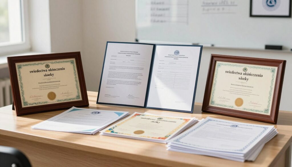 A bright and airy school office setting, featuring a wooden desk cluttered with various "świadectwa ukończenia szkoły" (completion certificates) in elegant frames. In the foreground, a stack of certificates, each with intricate borders and official seals, showcasing a mix of colorful designs typical for educational documents. In the middle ground, an open folder reveals admission forms and registration papers, symbolizing the recruitment process. The background includes a whiteboard with neatly written notes and a framed school logo, creating an academic atmosphere. Soft, natural lighting streams through a window, casting gentle shadows and enhancing the warm, welcoming mood. Emphasize organization and clarity to reflect the importance of proper documentation in the admission process.