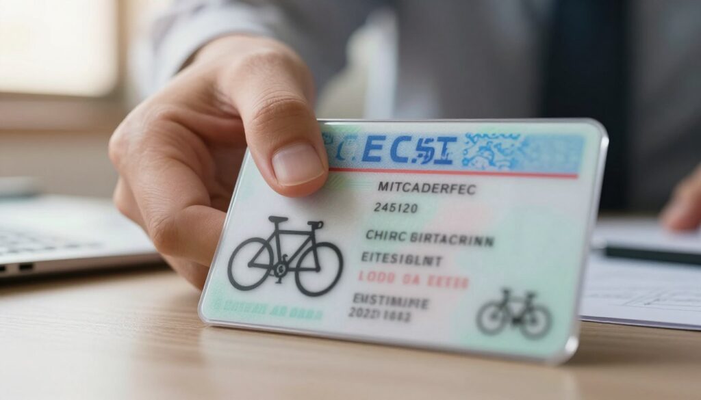 A close-up view of a detailed bicycle license card, displayed prominently in the foreground. The card shows distinct elements such as the bicycle silhouette, identification details, and a watermark design while emphasizing its shiny, plastic texture. In the middle ground, a hand reaches out to hold the card, with fingers gently grazing its surface. The background includes a softly blurred office setting, hinting at a professional environment where duplicate applications might be processed. Natural light pours in through a window, creating warm highlights that enhance the mood of determination and clarity. The composition should focus on clarity and professionalism, evoking a sense of trust and importance in the process of obtaining a duplicate bicycle license card.