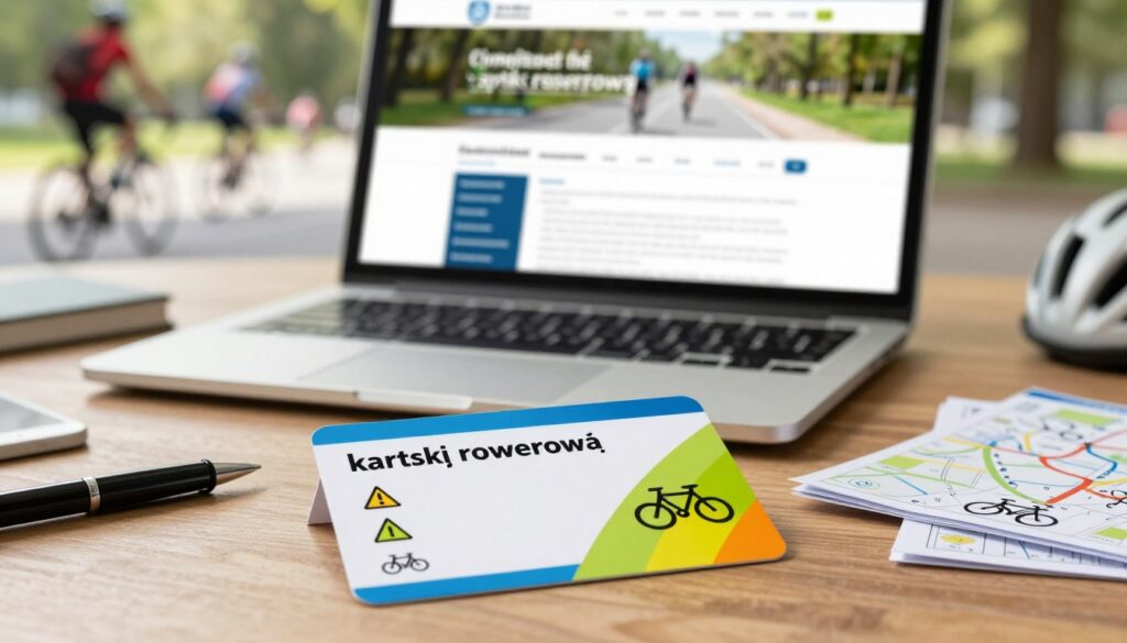 A detailed bicycle card ("kartę rowerową") displayed prominently in the foreground, featuring a colorful design with bicycle symbols and safety icons. The card is partially laid on a wooden table, surrounded by stationary items like a pen and a small stack of papers with bicycle route maps. In the middle ground, a directly-lit workspace with a laptop open, showcasing a web page about bicycle safety tests and regulations. The background fades into a blurred image of a park with cyclists enjoying a sunny day, emphasizing the connection between cycling and safety education. Soft, natural lighting illuminates the scene, creating a welcoming atmosphere. The angle should be slightly overhead to capture all elements clearly without any distractions or text in the image.