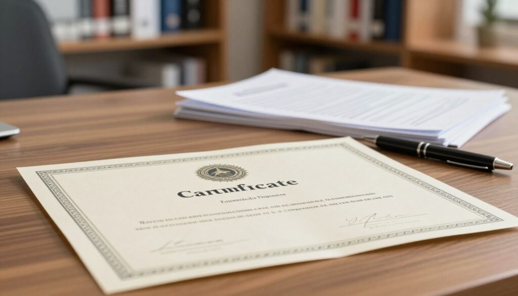 A detailed, professional document resembling a school certificate, prominently featured in the foreground. The certificate is slightly curled at the edges, showcasing a classic and formal design with intricate borders and an embossed school seal. In the middle ground, a neat stack of paperwork and a black pen are placed beside the certificate, suggesting an application process. In the background, a softly blurred office setting is visible, with a wooden desk and bookshelves lined with educational materials, creating an academic atmosphere. The lighting is warm and inviting, casting gentle shadows, and the overall mood is focused and organized, reflecting the seriousness of obtaining a duplicate academic certificate. The composition should be well-balanced, with an emphasis on clarity and professionalism.