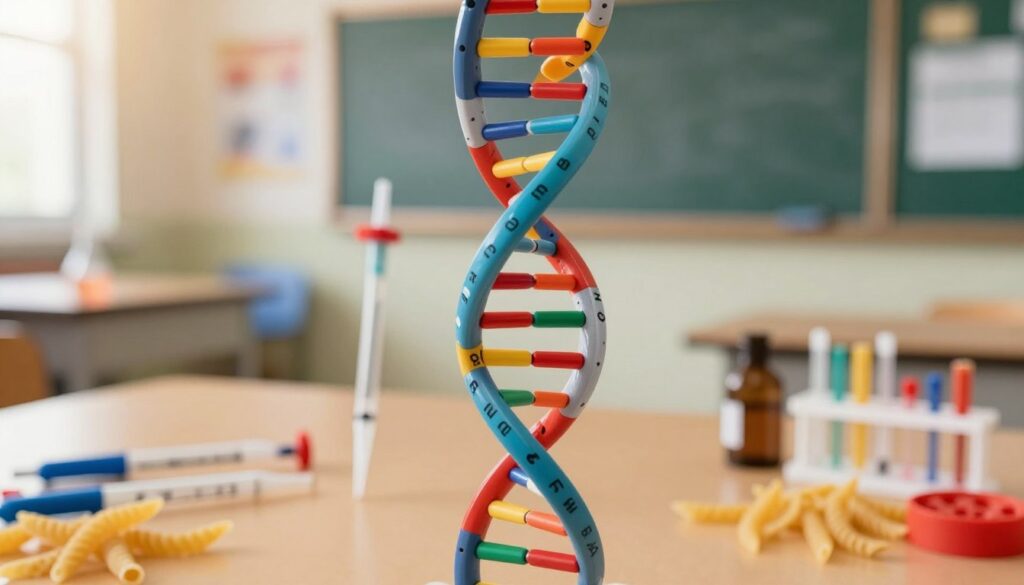 A detailed, visually striking depiction of a double helix structure, showcasing vibrant colors to represent the DNA's nucleotide bases—adenine, thymine, cytosine, and guanine. In the foreground, the double helix should be intertwined, with a slight twist that adds depth and realism, appearing as if it’s emerging from the center of the image. In the middle ground, include scientific tools like pipettes and models made from pasta and wires, representing various methods of creating a DNA model for educational purposes. The background should be softly blurred, hinting at a classroom setting with chalkboards and educational posters, illuminated by warm, natural light to create an inviting, curious atmosphere. Capture the scene from a high angle for a dynamic perspective. A detailed, visually striking depiction of a double helix structure, showcasing vibrant colors to represent the DNA's nucleotide bases—adenine, thymine, cytosine, and guanine. In the foreground, the double helix should be intertwined, with a slight twist that adds depth and realism, appearing as if it’s emerging from the center of the image. In the middle ground, include scientific tools like pipettes and models made from pasta and wires, representing various methods of creating a DNA model for educational purposes. The background should be softly blurred, hinting at a classroom setting with chalkboards and educational posters, illuminated by warm, natural light to create an inviting, curious atmosphere. Capture the scene from a high angle for a dynamic perspective.