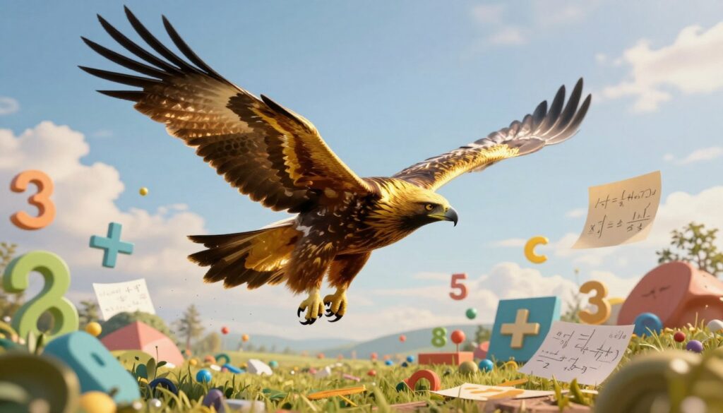 A majestic golden eagle, symbolizing mathematical excellence, soaring high above a vibrant landscape filled with numbers and geometric shapes. In the foreground, the eagle glides gracefully, its wings spread wide, showcasing intricate feather details that reflect hints of sunlight. In the middle ground, various math-related elements such as addition and multiplication symbols, algebraic equations, and colorful diagrams float harmoniously around the eagle, creating a whimsical yet educational atmosphere. The background features a serene blue sky with soft clouds, enhancing the sense of elevation and freedom, while a gentle light bathes the entire scene, giving it a hopeful and inspiring mood. Capture this moment with a wide-angle lens to emphasize the eagle's majesty and the dynamic interplay of mathematical concepts.
