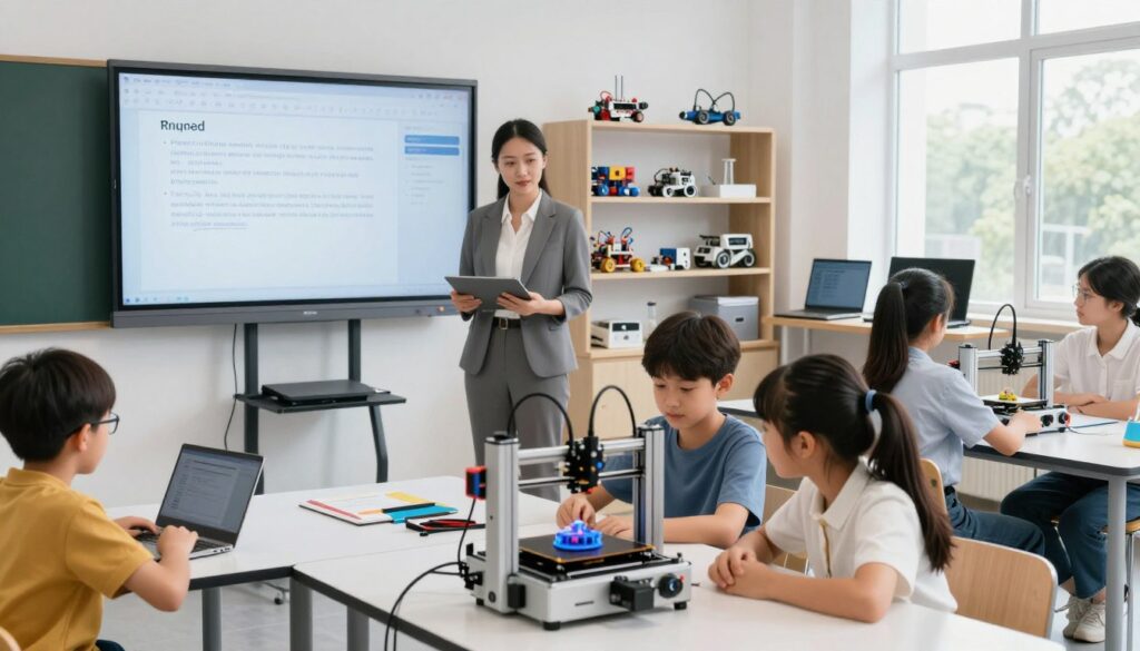 A modern classroom equipped with advanced educational technology, featuring a large interactive touchscreen display at the front, tables arranged for collaborative learning, and students engaged in hands-on projects. In the foreground, two students, a boy and a girl, are working together with a 3D printer, observing the printing process with curiosity. In the middle ground, a teacher providing guidance and support; her professional attire reflects a supportive educational atmosphere. The background showcases shelves filled with robotics kits, laptops, and various scientific equipment. Bright, natural lighting flows through large windows, creating an inviting and inspiring environment. The composition conveys a sense of innovation and teamwork, illustrating how schools utilize equipment effectively to foster learning and generate reports. A modern classroom equipped with advanced educational technology, featuring a large interactive touchscreen display at the front, tables arranged for collaborative learning, and students engaged in hands-on projects. In the foreground, two students, a boy and a girl, are working together with a 3D printer, observing the printing process with curiosity. In the middle ground, a teacher providing guidance and support; her professional attire reflects a supportive educational atmosphere. The background showcases shelves filled with robotics kits, laptops, and various scientific equipment. Bright, natural lighting flows through large windows, creating an inviting and inspiring environment. The composition conveys a sense of innovation and teamwork, illustrating how schools utilize equipment effectively to foster learning and generate reports.