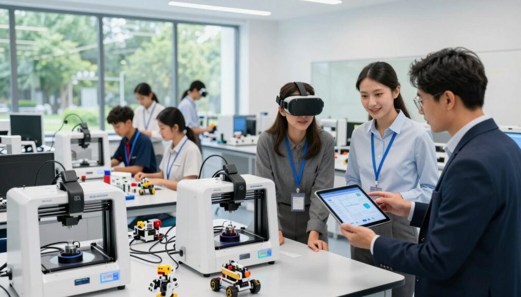 A modern educational laboratory designed for the future, showcasing various innovative technologies such as 3D printers, robotics kits, and virtual reality stations. In the foreground, a group of educators in professional attire are discussing lab equipment while examining a digital tablet displaying data. The middle ground features interactive workstations bustling with students engaged in hands-on projects. The background highlights a large window inviting natural light, revealing a green outdoor space that enhances the atmosphere of creativity and innovation. The overall mood is optimistic and forward-thinking, emphasizing collaboration and learning. The image should be well-lit, with a focus on the educators and technology, captured from a slight low-angle perspective to create a sense of inspiration and engagement. A modern educational laboratory designed for the future, showcasing various innovative technologies such as 3D printers, robotics kits, and virtual reality stations. In the foreground, a group of educators in professional attire are discussing lab equipment while examining a digital tablet displaying data. The middle ground features interactive workstations bustling with students engaged in hands-on projects. The background highlights a large window inviting natural light, revealing a green outdoor space that enhances the atmosphere of creativity and innovation. The overall mood is optimistic and forward-thinking, emphasizing collaboration and learning. The image should be well-lit, with a focus on the educators and technology, captured from a slight low-angle perspective to create a sense of inspiration and engagement.