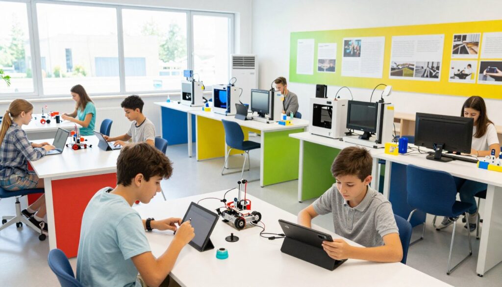 A modern educational laboratory showcasing the "Laboratoria Przyszłości" program, with a focus on innovative learning tools and technology. In the foreground, a diverse group of students—two boys and a girl—wearing modest casual clothing, engaged in a hands-on project using robotics kits and tablets. The middle ground features colorful workstations equipped with 3D printers, laptops, and science kits, inviting exploration and creativity. In the background, large windows allow natural light to flood the room, illuminating bright wall displays showcasing program achievements. The atmosphere is vibrant and energetic, reflecting a collaborative learning environment. The angle is slightly elevated to capture the entire scene, emphasizing both student engagement and the well-equipped educational space. A modern educational laboratory showcasing the "Laboratoria Przyszłości" program, with a focus on innovative learning tools and technology. In the foreground, a diverse group of students—two boys and a girl—wearing modest casual clothing, engaged in a hands-on project using robotics kits and tablets. The middle ground features colorful workstations equipped with 3D printers, laptops, and science kits, inviting exploration and creativity. In the background, large windows allow natural light to flood the room, illuminating bright wall displays showcasing program achievements. The atmosphere is vibrant and energetic, reflecting a collaborative learning environment. The angle is slightly elevated to capture the entire scene, emphasizing both student engagement and the well-equipped educational space.