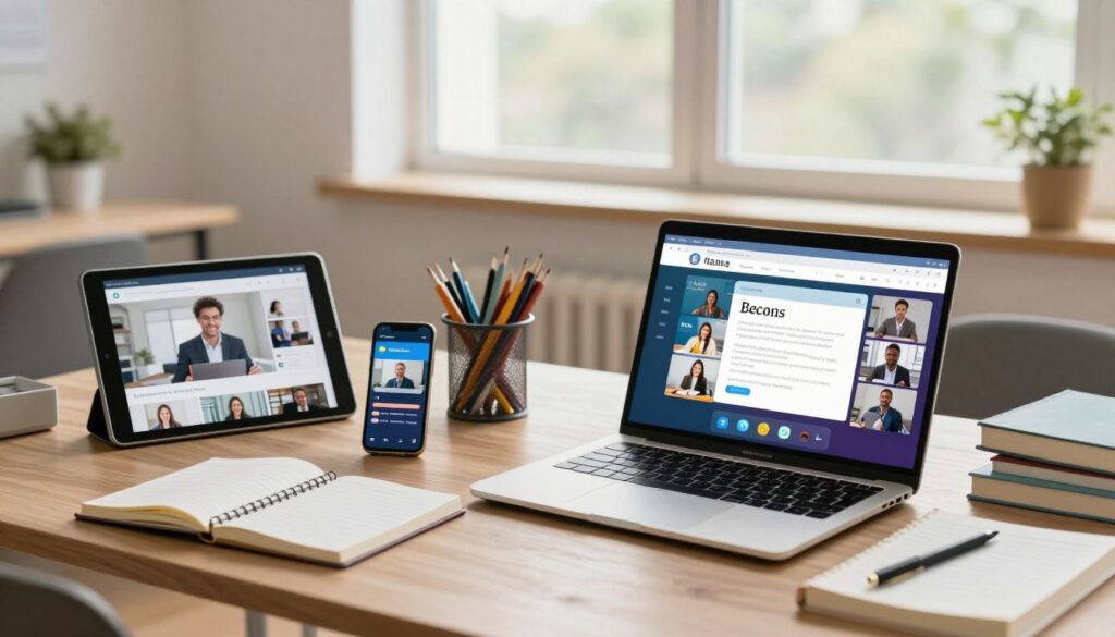 A modern online education setup featuring various digital learning tools and platforms. In the foreground, show a sleek laptop displaying a vibrant online classroom interface, surrounded by tablets and smartphones streaming educational content. The middle should highlight an organized desk with stationery, an open notebook, and textbooks, symbolizing traditional learning materials alongside digital advancements. In the background, large windows allow natural light to fill the space, illuminating a professional, clean workspace. Soft, warm lighting creates a welcoming atmosphere, evoking motivation and focus. Include elements like educational icons and graphs subtly integrated into the scene to suggest technology-enhanced learning. The overall mood should be inspiring and forward-thinking, capturing the essence of online education tools in a harmonious blend.