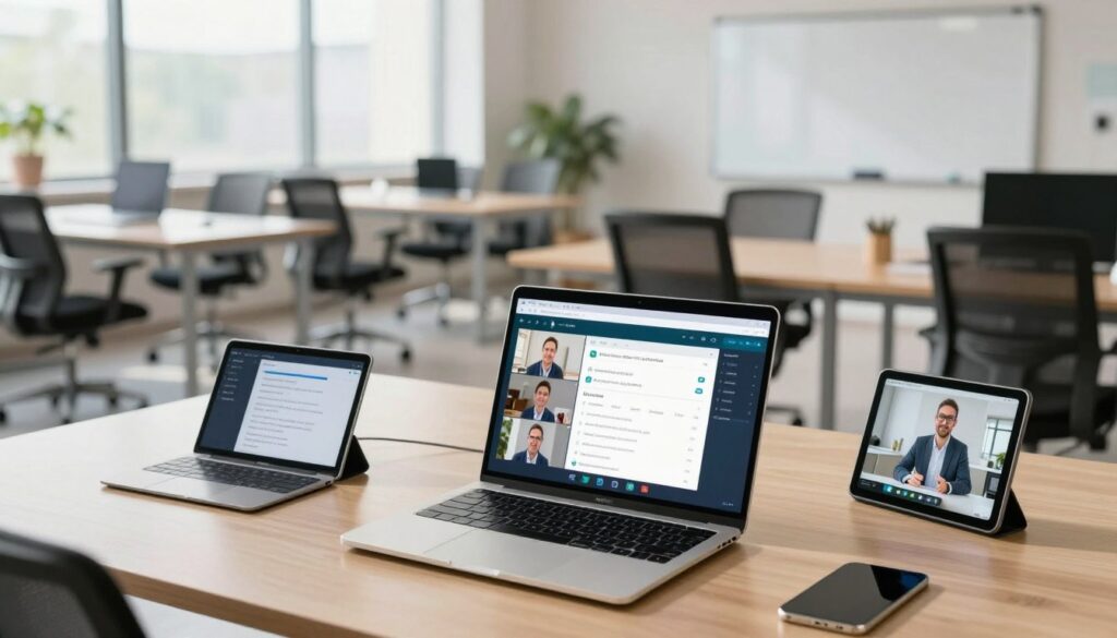A modern virtual classroom filled with advanced technology for remote learning. In the foreground, a sleek laptop displays an interactive online course interface, with a teacher engaging with students via video call. Surrounding the laptop are smart devices like tablets and digital whiteboards. The middle ground features a bright, spacious room with comfortable ergonomic chairs and collaboration zones, illuminated by natural light streaming through large windows. The background hints at futuristic decor, with a subtle touch of greenery for a calming atmosphere. The overall mood is productive and innovative, showcasing the potential of remote education tools in a welcoming and professional environment, shot from a slightly elevated angle to capture all elements harmoniously.