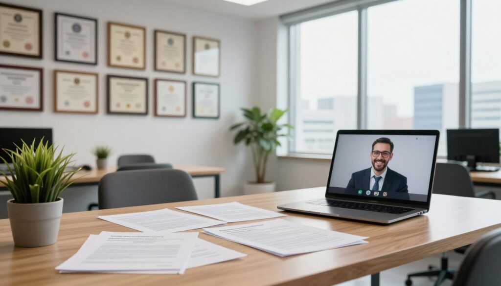 A modern workspace depicting regulations for remote learning, with a professional atmosphere. In the foreground, a sleek wooden desk cluttered with legal documents related to educational policies, a laptop open to a video conference, and a potted plant adding a green touch. In the middle ground, a wall adorned with framed educational diplomas and regulatory certifications, showcasing a commitment to quality education. In the background, a large window letting in bright, natural light, with a view of a cityscape, symbolizing progress. Use soft diffused lighting to create an inviting yet professional mood, shot at a wide angle for depth and perspective.