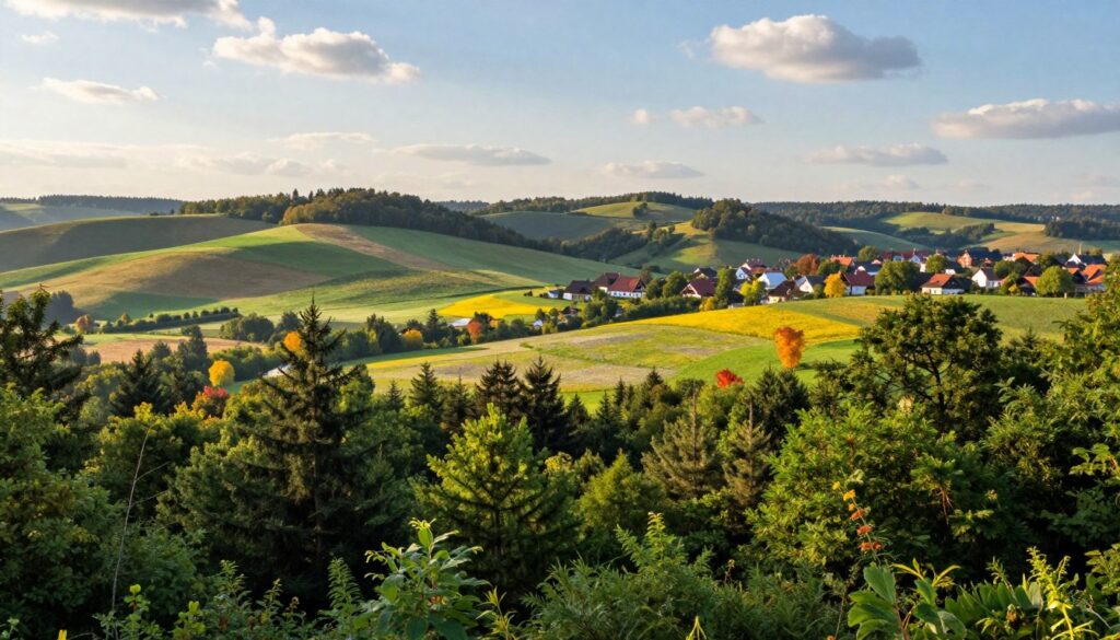 A panoramic view of diverse climate zones in Poland, featuring a lush green forest in the foreground, showcasing rich foliage and native plants under soft morning light. Transitioning into the middle ground, depict rolling hills with patches of grassland and a vibrant meadow filled with wildflowers, reflecting the colorful spectrum of seasons. In the background, illustrate a quaint village nestled against the hills, with traditional Polish architecture and a clear blue sky dotted with fluffy clouds. The mood is tranquil, capturing the essence of harmony in nature, while emphasizing the variety of climatic regions in Poland. Use a wide-angle lens to convey depth and focus gently on the changing landscapes, ensuring a serene atmosphere without any text or overlays.