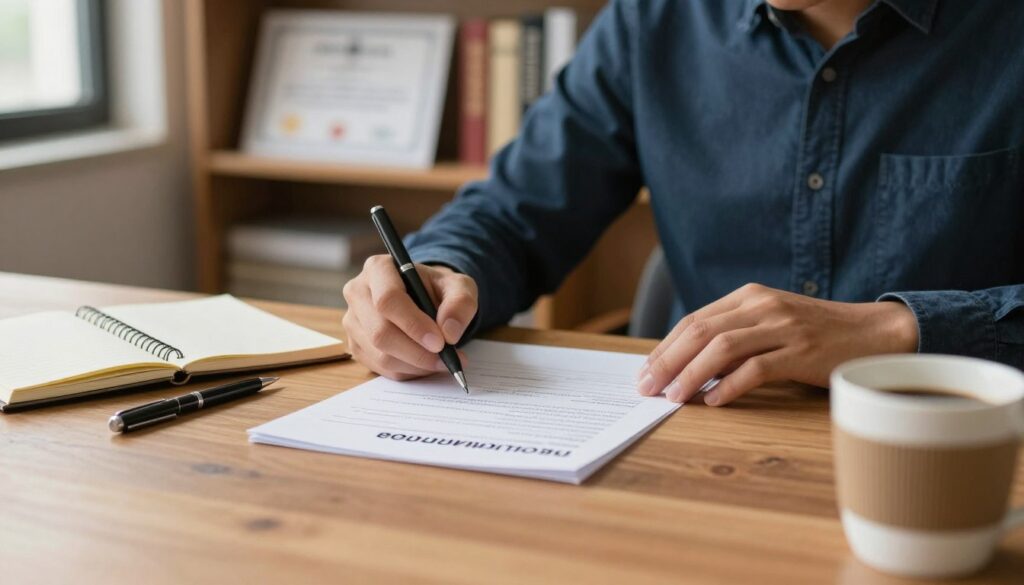 A person filling out a school resignation document at a wooden desk, with a focused expression. The foreground features neatly arranged school supplies like a pen, a notebook, and a cup of coffee. In the middle ground, the resignation form is clearly visible, showing some filled-out sections but not revealing any personal information. A soft light filters through a nearby window, casting a warm glow, enhancing the atmosphere of contemplation and decision-making. In the background, shelves filled with books and certificates give a sense of an academic environment. The person is wearing smart casual attire, reflecting professionalism. The image conveys a mood of seriousness and diligence, suitable for illustrating the process of resigning from school. A person filling out a school resignation document at a wooden desk, with a focused expression. The foreground features neatly arranged school supplies like a pen, a notebook, and a cup of coffee. In the middle ground, the resignation form is clearly visible, showing some filled-out sections but not revealing any personal information. A soft light filters through a nearby window, casting a warm glow, enhancing the atmosphere of contemplation and decision-making. In the background, shelves filled with books and certificates give a sense of an academic environment. The person is wearing smart casual attire, reflecting professionalism. The image conveys a mood of seriousness and diligence, suitable for illustrating the process of resigning from school.