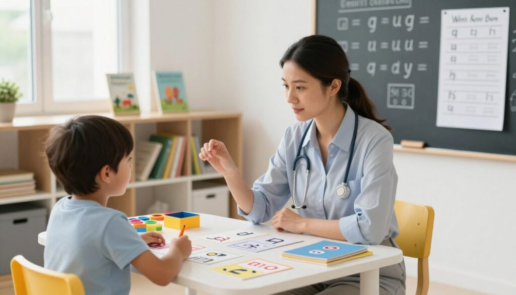 A professional logopedist working with a child at a bright, inviting classroom setting. In the foreground, the therapist, dressed in smart casual attire, is demonstrating phonetic sounds to the attentive child who sits at a small table filled with colorful flashcards and educational tools. The middle ground features shelves lined with books on language development, while a large chalkboard displays phonetic symbols and exercises. Soft, natural light shines through the windows, creating a warm atmosphere that encourages learning. The angle is slightly elevated, giving a clear view of the interaction and the educational materials in focus. The mood is engaging, supportive, and focused on fostering communication skills.