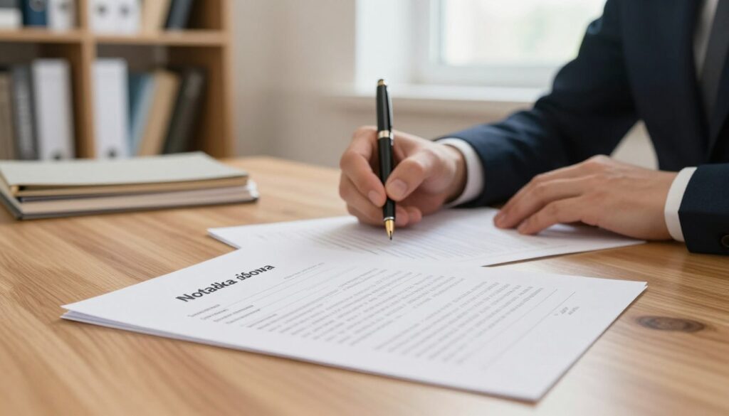 A professional office environment showcasing a notatka służbowa (official memorandum) document on a wooden desk. In the foreground, the neatly organized paper features a clear, formal layout with standard sections such as date, subject, and content areas, ready for filling in details relevant to an educational institution. In the middle, a pair of hands in business attire is about to write on the paper with a fountain pen, symbolizing professionalism and urgency. The background includes a bookshelf with educational materials and a soft-focus window that allows natural light to filter in, creating a warm, inviting atmosphere. The overall mood conveys seriousness and organization, suitable for a school setting without any distracting elements. A professional office environment showcasing a notatka służbowa (official memorandum) document on a wooden desk. In the foreground, the neatly organized paper features a clear, formal layout with standard sections such as date, subject, and content areas, ready for filling in details relevant to an educational institution. In the middle, a pair of hands in business attire is about to write on the paper with a fountain pen, symbolizing professionalism and urgency. The background includes a bookshelf with educational materials and a soft-focus window that allows natural light to filter in, creating a warm, inviting atmosphere. The overall mood conveys seriousness and organization, suitable for a school setting without any distracting elements.