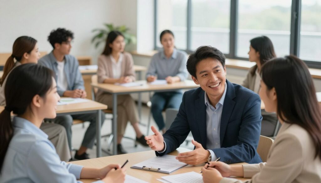 A professional setting showcasing a diverse group of candidates engaged in a social skills assessment. In the foreground, two individuals (one man and one woman) are collaborating on a project, exchanging ideas enthusiastically, dressed in business attire. In the middle ground, a small group of candidates participates in a role-playing exercise, demonstrating active listening and effective communication. The background features a modern classroom environment with soft, natural lighting from large windows, creating an inviting atmosphere. The camera angle is slightly elevated, capturing the interactions clearly while showcasing the nurturing environment of the assessment. The mood is positive, emphasizing teamwork and initiative, with warm colors that reflect a sense of inclusivity and encouragement. A professional setting showcasing a diverse group of candidates engaged in a social skills assessment. In the foreground, two individuals (one man and one woman) are collaborating on a project, exchanging ideas enthusiastically, dressed in business attire. In the middle ground, a small group of candidates participates in a role-playing exercise, demonstrating active listening and effective communication. The background features a modern classroom environment with soft, natural lighting from large windows, creating an inviting atmosphere. The camera angle is slightly elevated, capturing the interactions clearly while showcasing the nurturing environment of the assessment. The mood is positive, emphasizing teamwork and initiative, with warm colors that reflect a sense of inclusivity and encouragement.