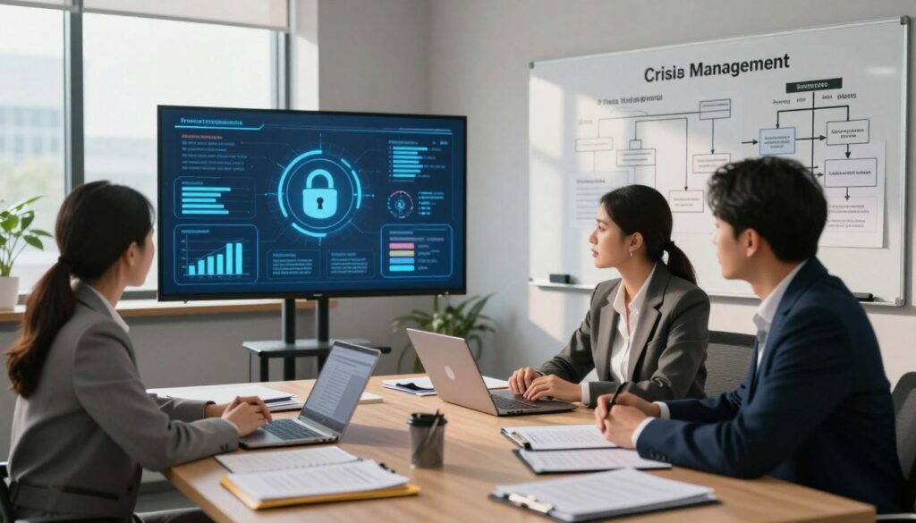A sophisticated office environment focused on data protection and crisis management in an educational setting. In the foreground, a group of three professionals in business attire—two women and one man—are engaged in a discussion around a large table filled with laptops, folders, and privacy documents. The middle ground features a large screen displaying graphs and data security icons, symbolizing the management of personal data. In the background, a whiteboard illustrates crisis management protocols, with diagrams and flowcharts clearly visible. Soft, natural lighting filters in through large windows, casting gentle shadows across the room to create an atmosphere of collaboration and responsibility. The overall mood is serious yet focused, emphasizing the importance of safety and compliance in educational institutions.