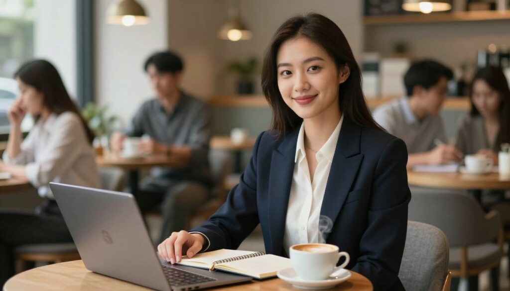 A stylish and sophisticated young woman sitting in a cozy, modern café, exuding a professional yet approachable demeanor. She is dressed in a smart business attire with a blazer over a blouse, her expression warm and friendly. On the table in front of her are a notebook, a laptop, and a steaming cup of coffee, suggesting an engaging conversation taking place. In the background, softly blurred, there are other patrons engaged in discussions, with warm lighting enhancing the inviting atmosphere. The camera angle is slightly above eye level, capturing both the subject and the lively ambiance of the café. The overall mood is professional and inviting, reflecting key aspects of the "girlfriend experience".