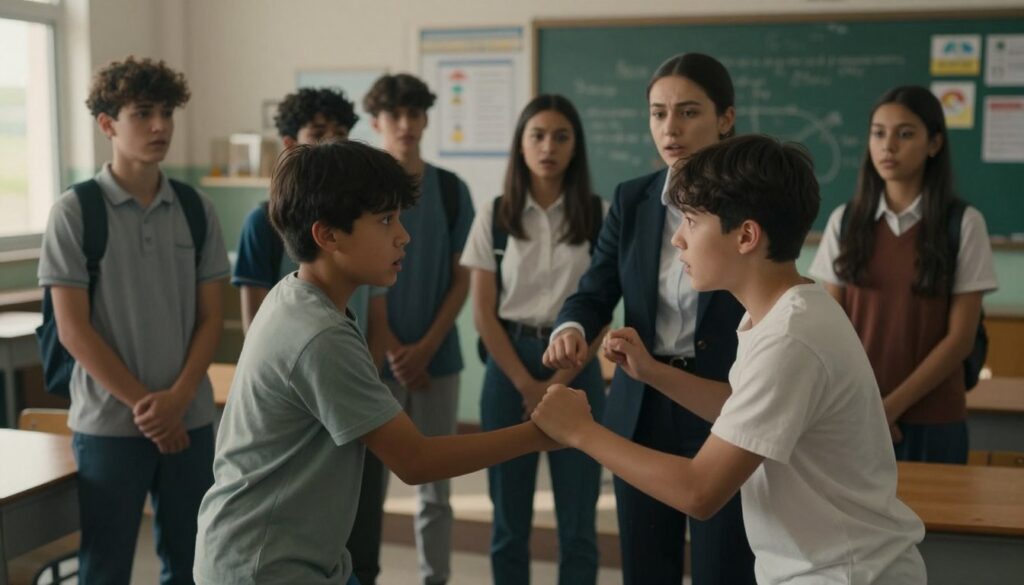 A tense scene capturing a school incident: in the foreground, two students in modest casual clothing are involved in a minor scuffle, their expressions a mix of surprise and concern. In the middle, a few onlookers, dressed in typical school attire, are watching with concerned faces, while a teacher in professional attire attempts to separate them. The background shows a classroom and a bulletin board with safety notices. Soft, natural lighting filters through a nearby window, casting gentle shadows. The mood is serious yet controlled, reflecting the need for resolution and support in a school environment. The composition is framed from a slightly elevated angle to capture the entire scene effectively without any text or distractions. A tense scene capturing a school incident: in the foreground, two students in modest casual clothing are involved in a minor scuffle, their expressions a mix of surprise and concern. In the middle, a few onlookers, dressed in typical school attire, are watching with concerned faces, while a teacher in professional attire attempts to separate them. The background shows a classroom and a bulletin board with safety notices. Soft, natural lighting filters through a nearby window, casting gentle shadows. The mood is serious yet controlled, reflecting the need for resolution and support in a school environment. The composition is framed from a slightly elevated angle to capture the entire scene effectively without any text or distractions.
